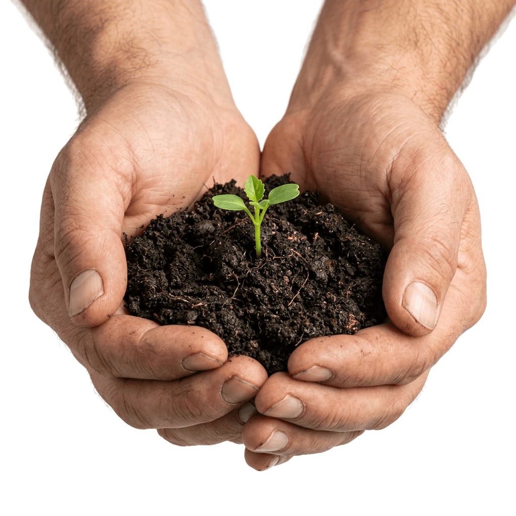 Hands nurturing thriving crop plant shoot and seedling